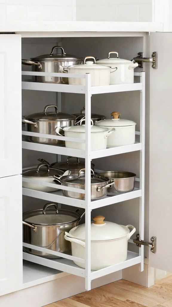 11 Pots and Pans Drawer Organization Ideas for a Neat Kitchen Cabinet - 10. Vertical Slide-Out Racks 1