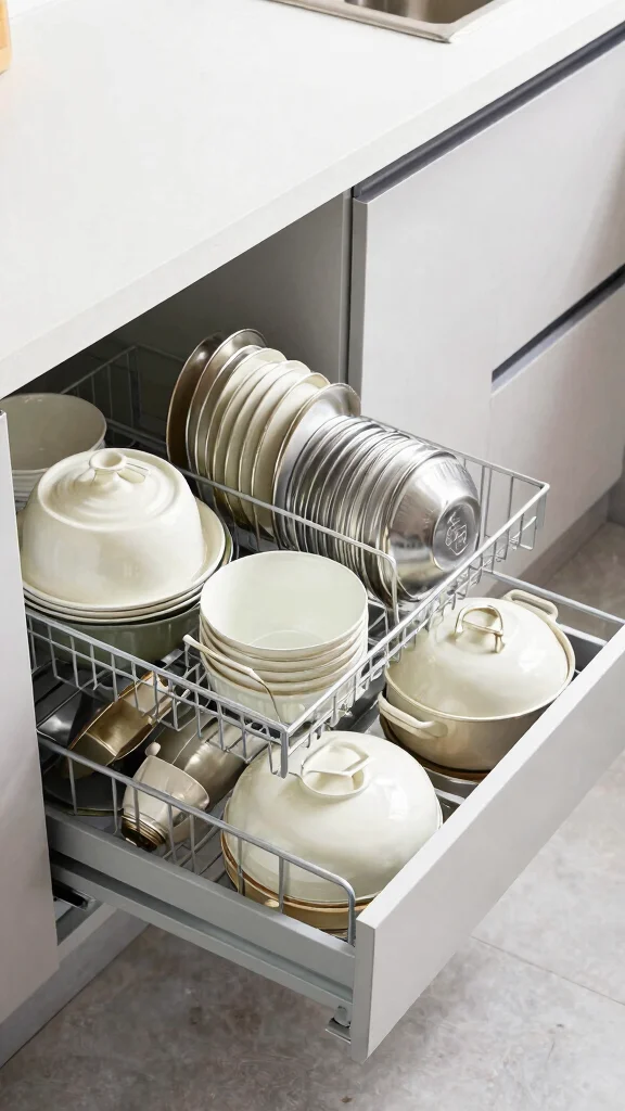 11 Pots and Pans Drawer Organization Ideas for a Neat Kitchen Cabinet - 4. Use Pull-Out Basket Drawers 1