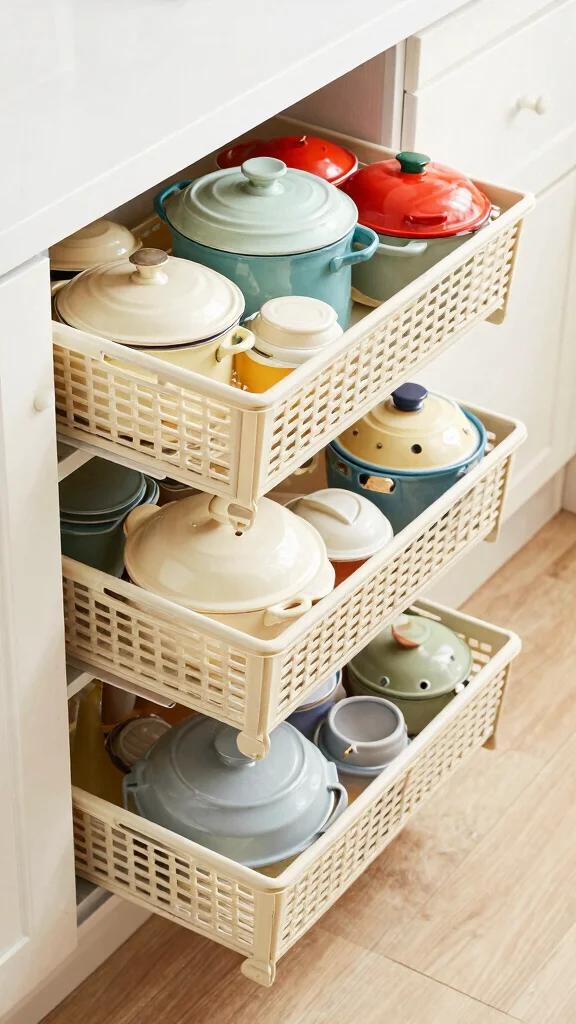 11 Pots and Pans Drawer Organization Ideas for a Neat Kitchen Cabinet - 9. Use Tall Baskets for Storing Lids 1