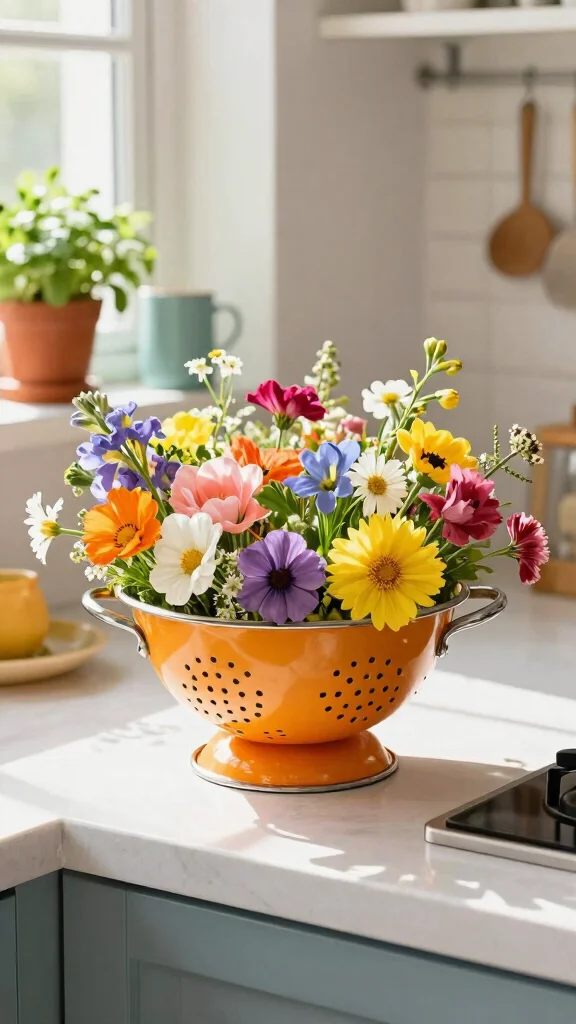 11 Quirky Vase Ideas for a Fun Unexpected Home Decor Statement - 9. Colorful Colanders as Vases 1