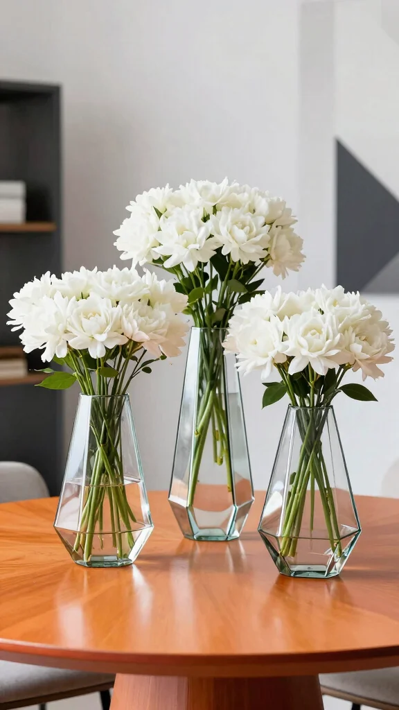 11 Set of 3 Glass Vase Ideas for a Delicate Light-Catching Display - 10. Modern Twist with Geometric Glass Vases 1