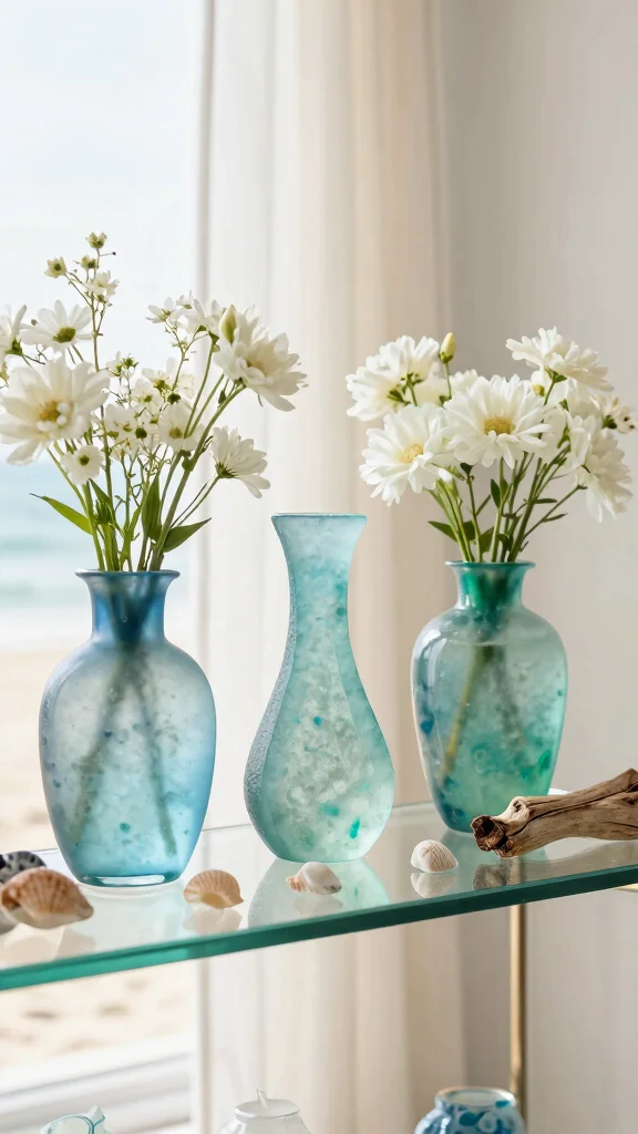 11 Set of 3 Glass Vase Ideas for a Delicate Light-Catching Display - 5. Coastal Breeze with Sea Glass Vases 1