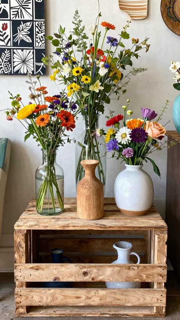 11 Set of 3 Glass Vase Ideas for a Delicate Light-Catching Display - 8. Eclectic Style with Mixed Material Vases 1