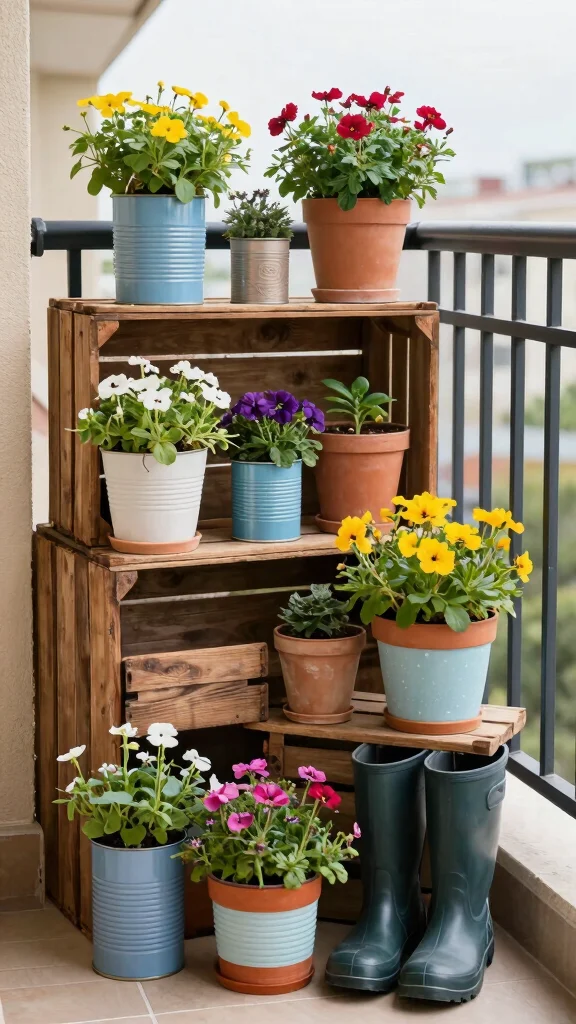 12 Balcony Pot Ideas for a Beautiful Space-Smart Container Garden - 3. Repurposed Containers 1
