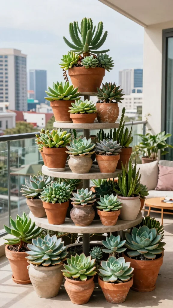 12 Balcony Pot Ideas for a Beautiful Space-Smart Container Garden - 4. Towering Succulent Gardens 1