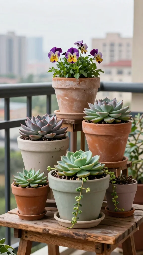 12 Balcony Pot Ideas for a Beautiful Space-Smart Container Garden - 7. Layered Pot Stacks 1