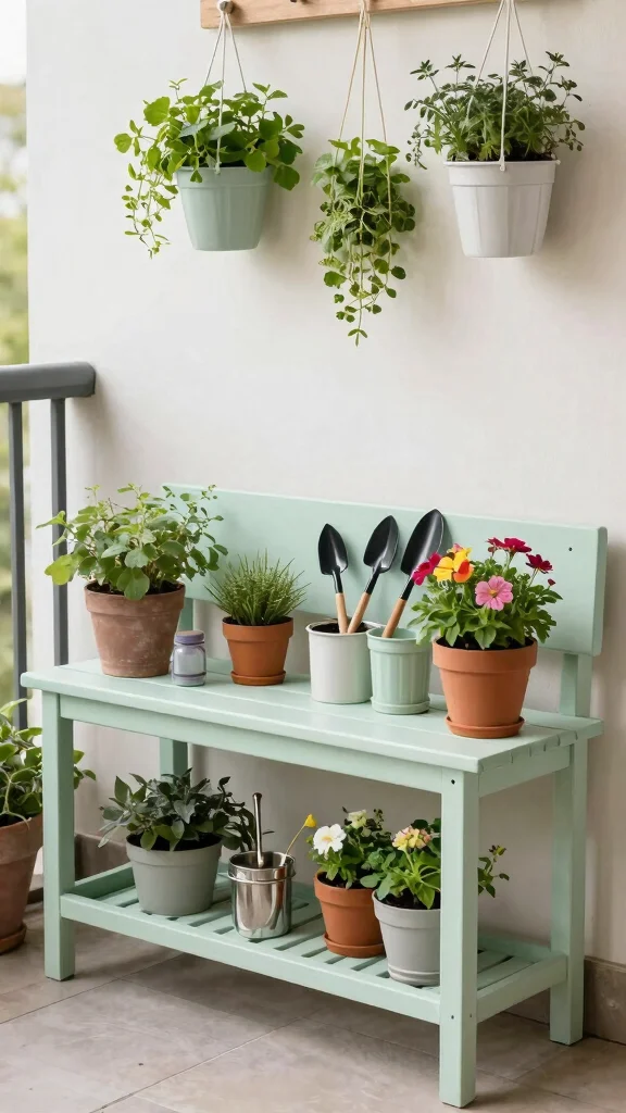 12 Balcony Pot Ideas for a Beautiful Space-Smart Container Garden - 9. Potting Bench for Organization 1
