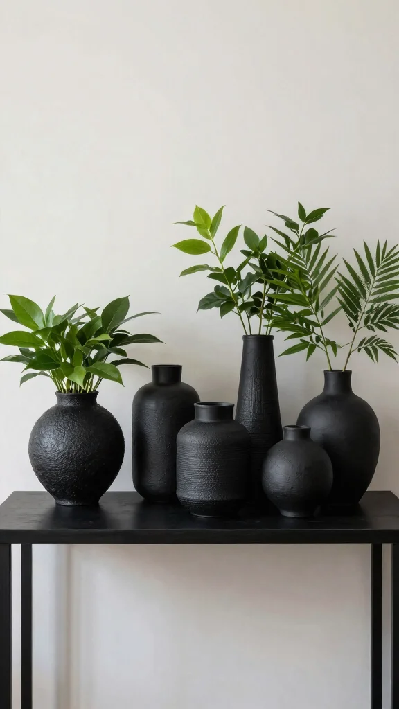 12 Black Vase Ideas for a Bold Grounding Home Decor Accent - 1. Multi-Textured Black Vases 1