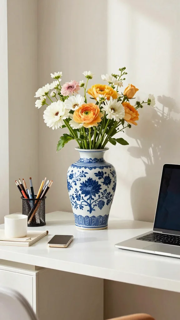 12 Blue and White Vase Ideas for a Classic Timeless Home Display - 10. Office Inspiration 1
