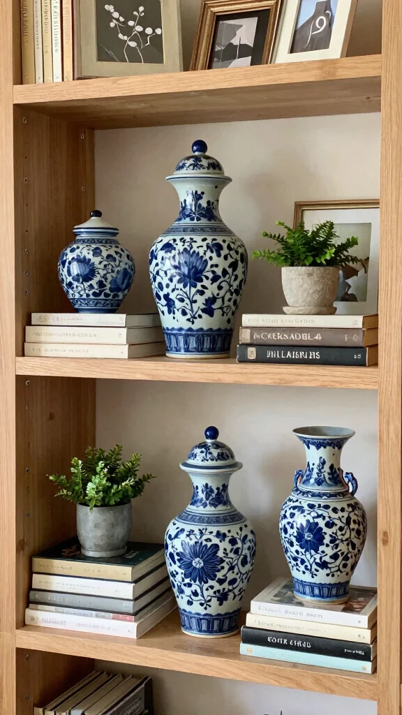 12 Blue and White Vase Ideas for a Classic Timeless Home Display - 2. Shelf Styling 1