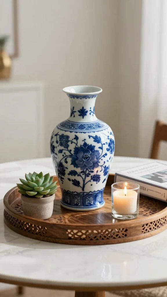 12 Blue and White Vase Ideas for a Classic Timeless Home Display - 6. Table Trays 1