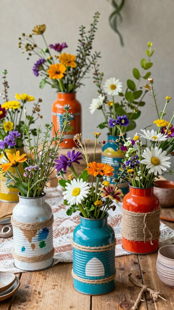 12 Boho Vase Ideas for a Layered Eclectic Free-Spirited Home Display - 10. Recycled Tin Cans 1