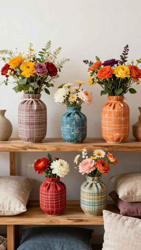 12 Boho Vase Ideas for a Layered Eclectic Free-Spirited Home Display - 11. Fabric-Wrapped Vases 1