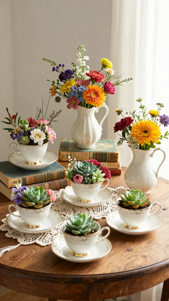 12 Boho Vase Ideas for a Layered Eclectic Free-Spirited Home Display - 3. Vintage Tea Cups 1