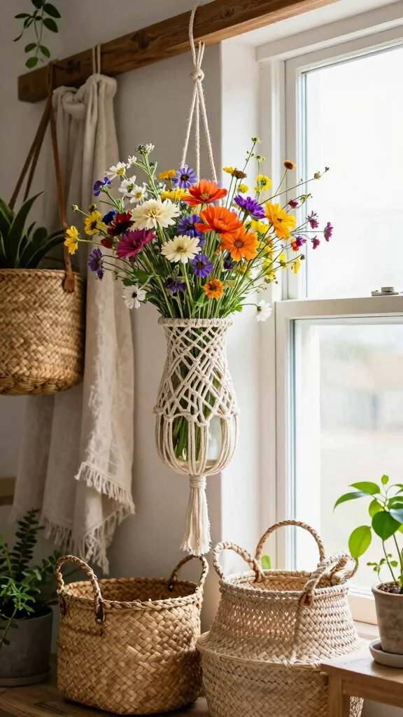 12 Boho Vase Ideas for a Layered Eclectic Free-Spirited Home Display - 5. Woven or Macramé Vases 1