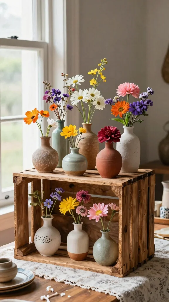 12 Boho Vase Ideas for a Layered Eclectic Free-Spirited Home Display - 6. Rustic Wooden Crates 1