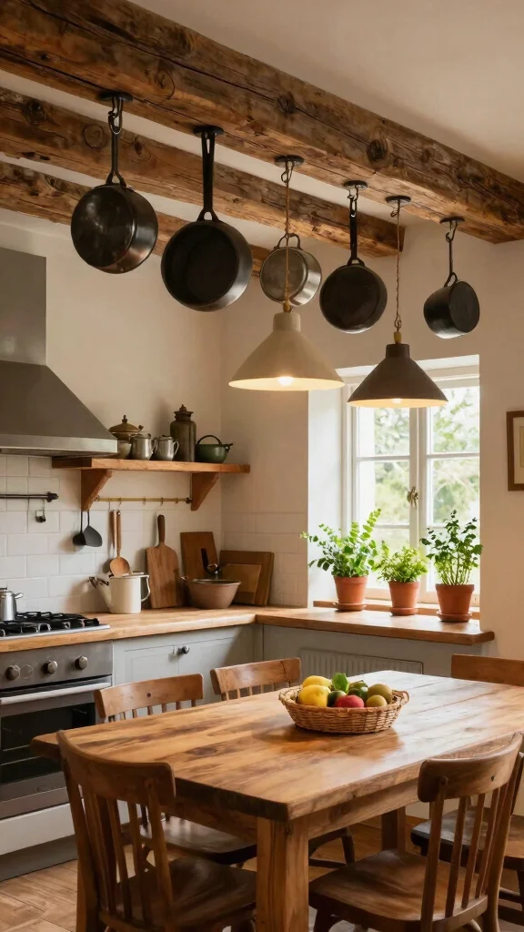 12 Ceiling-Hung Pot Ideas for a Beautiful Space-Saving Kitchen - 1. Rustic Charm with Wooden Beams 1