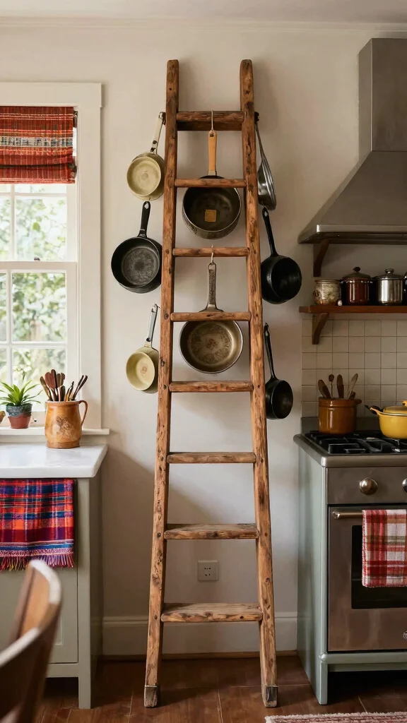 12 Ceiling-Hung Pot Ideas for a Beautiful Space-Saving Kitchen - 11. Artistic Flair with Repurposed Items 1