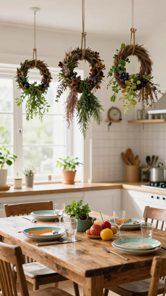 12 Ceiling-Hung Pot Ideas for a Beautiful Space-Saving Kitchen - 12. Seasonal Displays with Hanging Wreaths 1
