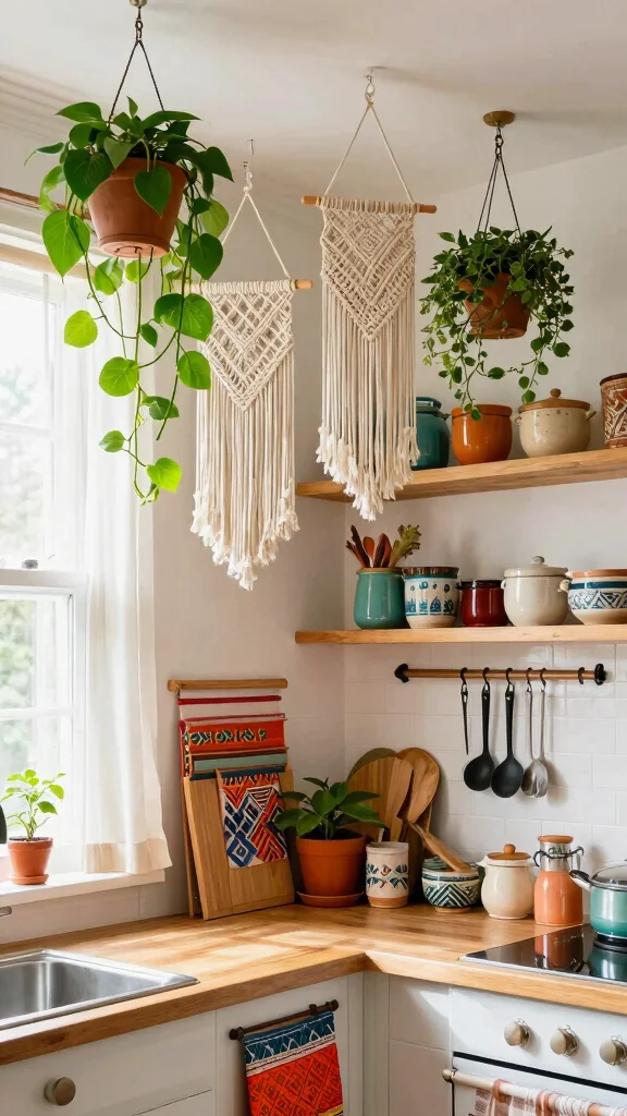 12 Ceiling-Hung Pot Ideas for a Beautiful Space-Saving Kitchen - 3. Bohemian Vibes with Macramé Hangers 1