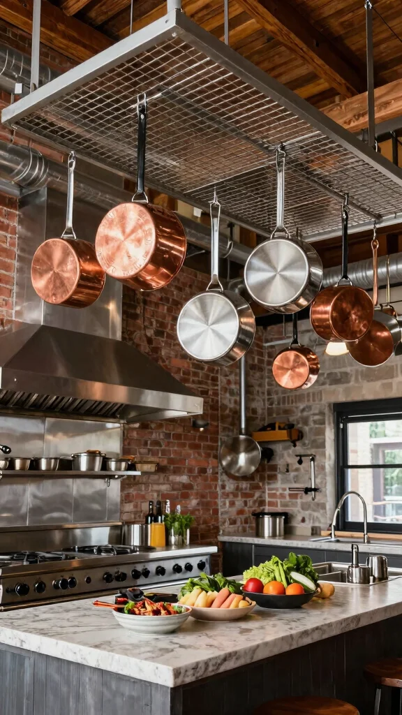 12 Ceiling-Hung Pot Ideas for a Beautiful Space-Saving Kitchen - 4. Industrial Chic with Metal Grids 1
