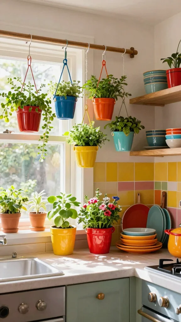 12 Ceiling-Hung Pot Ideas for a Beautiful Space-Saving Kitchen - 5. Colorful Fiesta with Bright Hanging Pots 1