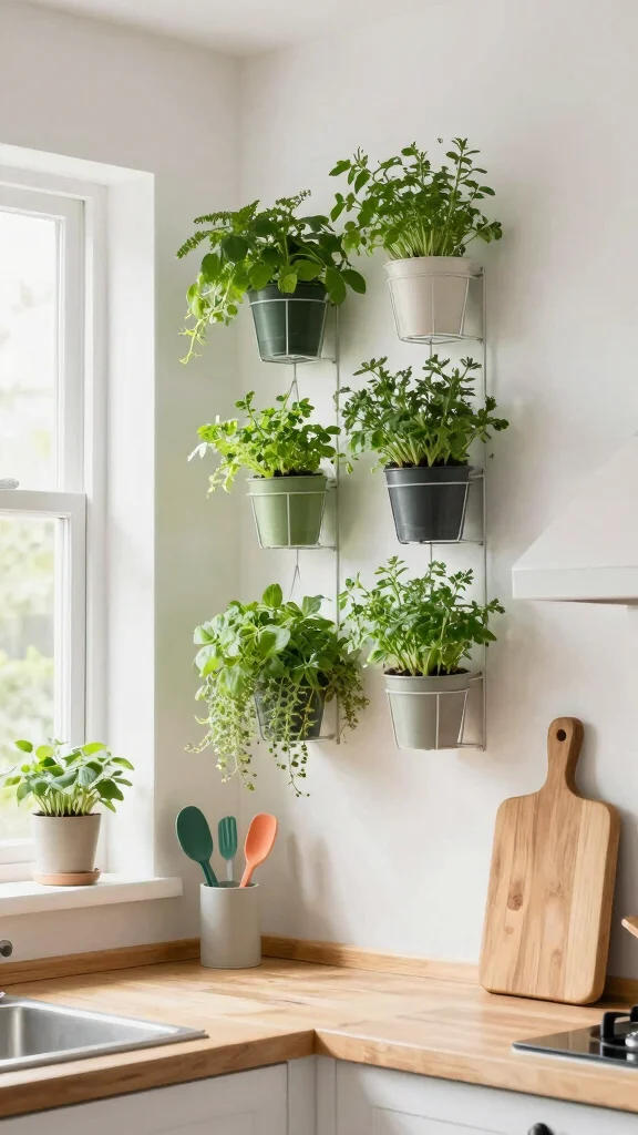 12 Ceiling-Hung Pot Ideas for a Beautiful Space-Saving Kitchen - 6. Vertical Garden with Hanging Herb Pots 1