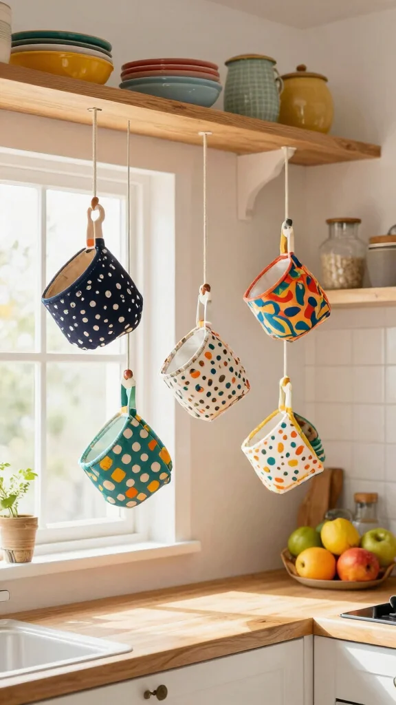 12 Ceiling-Hung Pot Ideas for a Beautiful Space-Saving Kitchen - 9. Playful Patterns with Fabric-Covered Pots 1