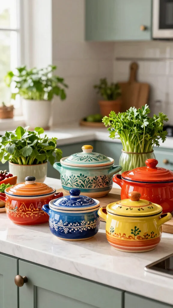 12 Cooking Pot Ideas for Every Stovetop Style and Kitchen Aesthetic - 6. Whimsical Colorful Ceramic Pots 1