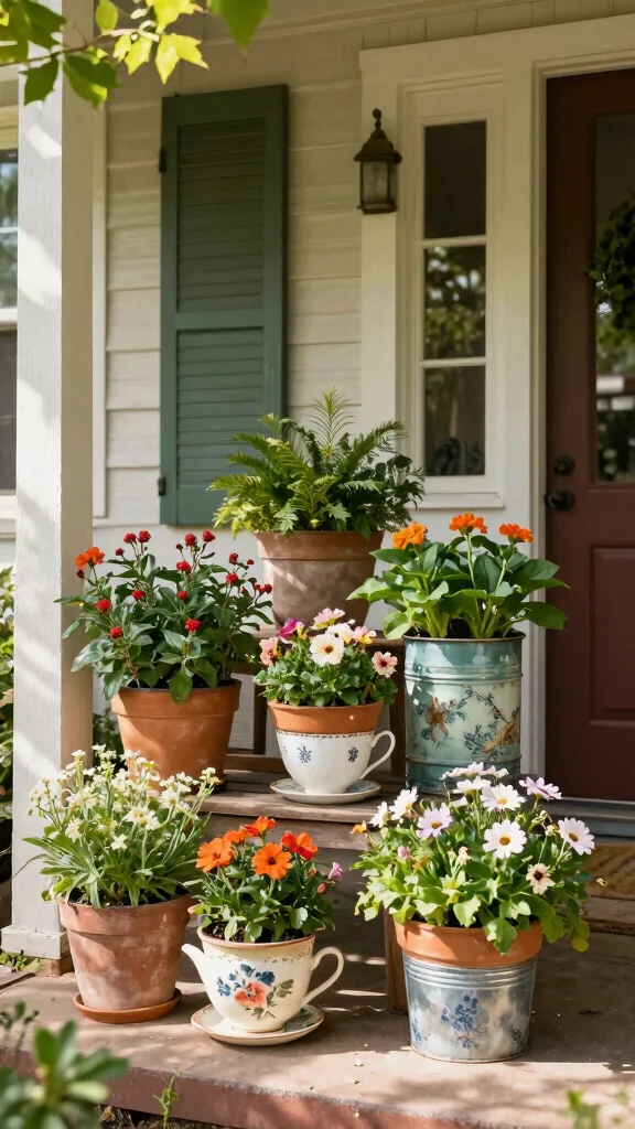 12 Front Door Pot Ideas for a Stylish Seasonal Entry Display - 9. Vintage Charm with Repurposed Pots 1
