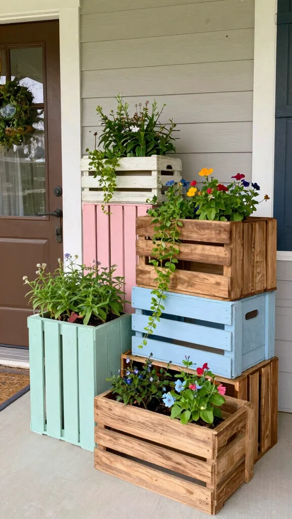 12 Front Porch Pot Ideas for a Welcoming Colorful Curb Appeal - 1. Upcycled Wooden Crates for Rustic Charm 1
