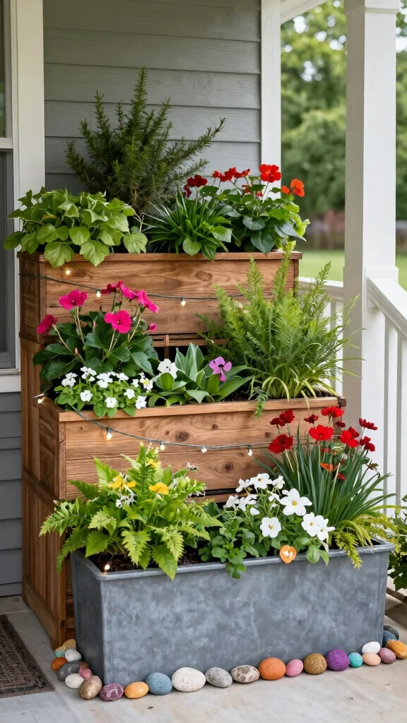 12 Front Porch Pot Ideas for a Welcoming Colorful Curb Appeal - 12. Creative Tiers with Multi-Level Planters 1