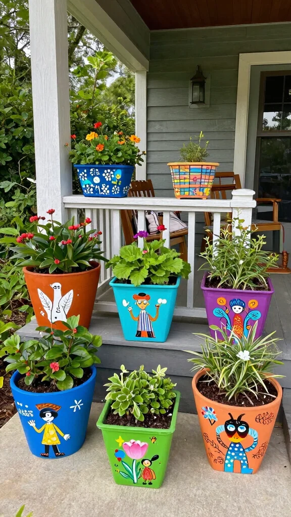 12 Front Porch Pot Ideas for a Welcoming Colorful Curb Appeal - 9. Customized Planters with Personal Artwork 1