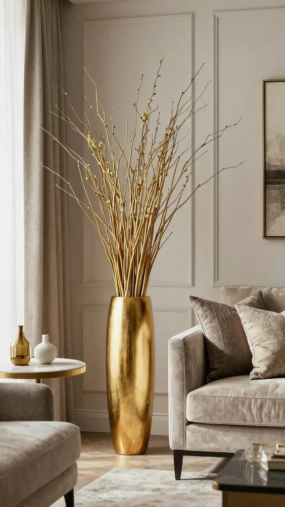 12 Gold Vase Ideas for a Glamorous Warm Metallic Home Accent - 1. Stunning Tall Gold Floor Vase 1