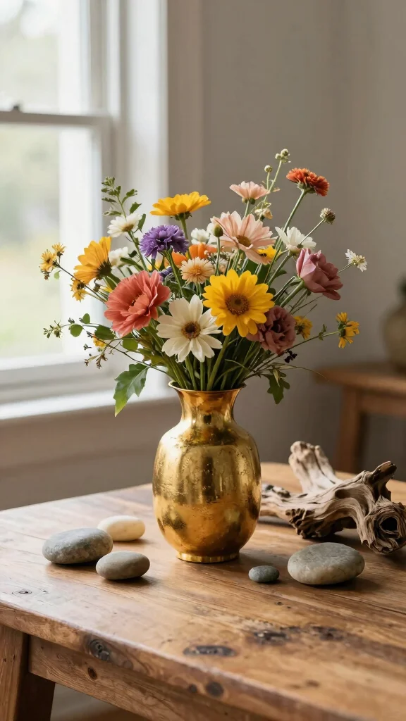 12 Gold Vase Ideas for a Glamorous Warm Metallic Home Accent - 11. Gold Vases with Natural Elements 1
