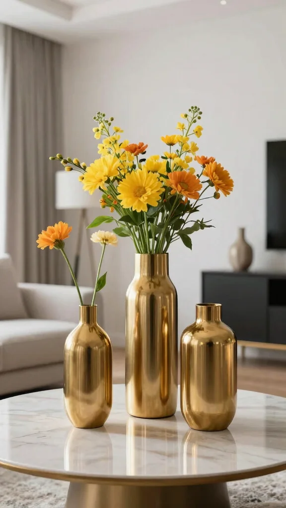 12 Gold Vase Ideas for a Glamorous Warm Metallic Home Accent - 9. Contemporary Gold Vase Arrangements 1