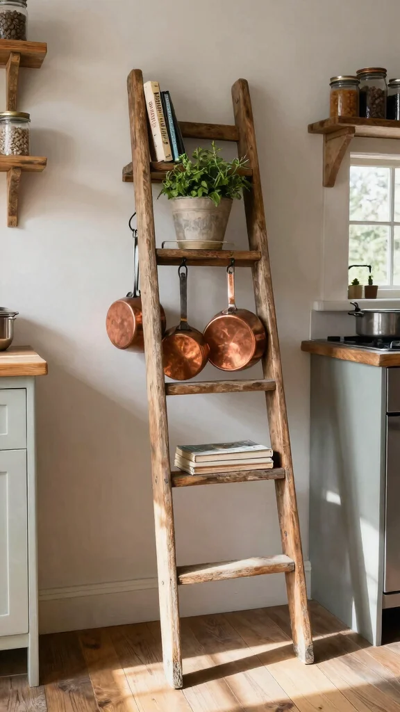 12 Hanging Pot Rack Ideas for a Functional Rustic Kitchen Display - 1. Vintage Ladder Rack 1