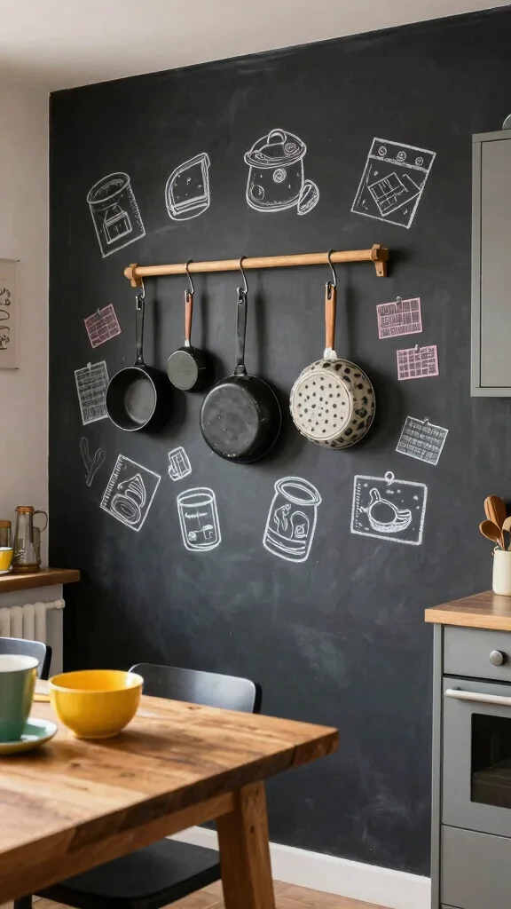 12 Hanging Pot Rack Ideas for a Functional Rustic Kitchen Display - 10. Chalkboard Pot Rack 1