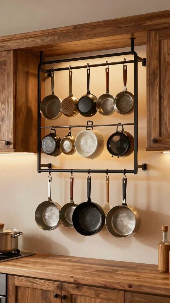 12 Hanging Pot Rack Ideas for a Functional Rustic Kitchen Display - 11. Multi-level Hanging Rack 1