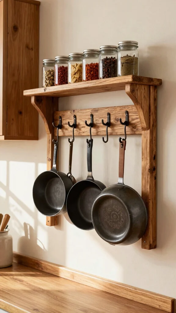 12 Hanging Pot Rack Ideas for a Functional Rustic Kitchen Display - 2. Wall-Mounted Wooden Rack 1