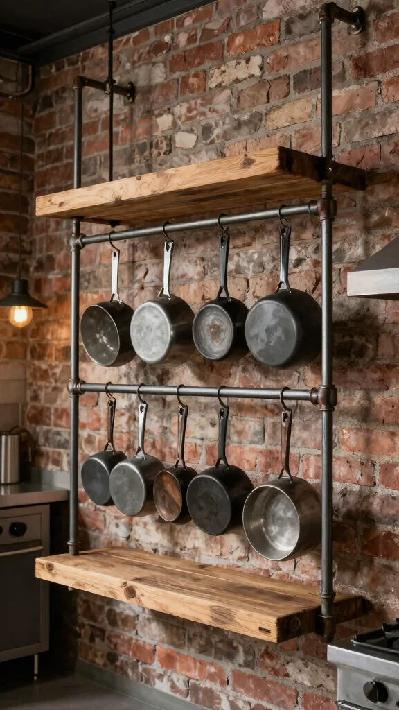 12 Hanging Pot Rack Ideas for a Functional Rustic Kitchen Display - 3. Industrial Pipe Rack 1