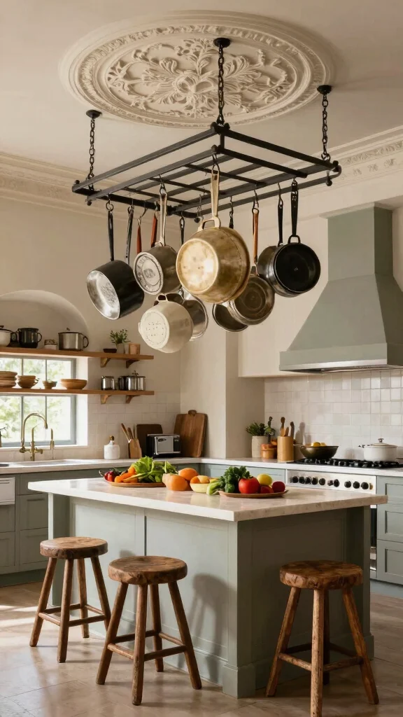 12 Hanging Pot Rack Ideas for a Functional Rustic Kitchen Display - 4. Ceiling Suspension Rack 1