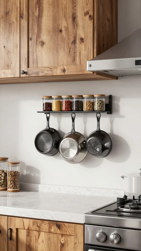 12 Hanging Pot Rack Ideas for a Functional Rustic Kitchen Display - 5. Magnetic Spice and Pot Rack 1