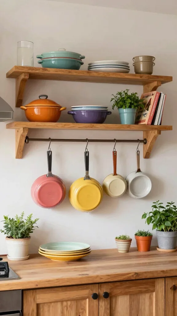 12 Hanging Pot Rack Ideas for a Functional Rustic Kitchen Display - 6. Open Shelving with Hooks 1