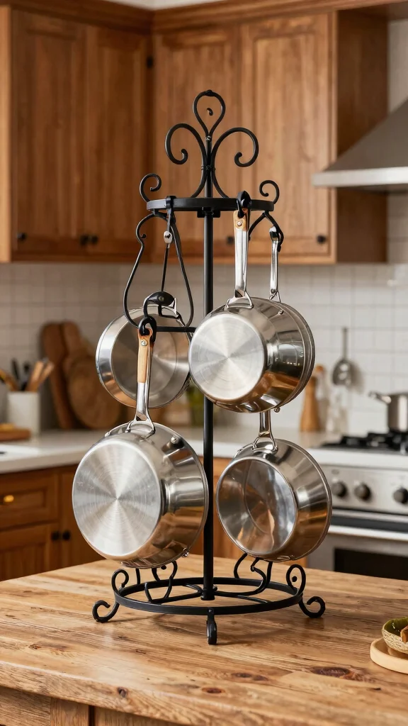 12 Hanging Pot Rack Ideas for a Functional Rustic Kitchen Display - 7. Decorative Wrought Iron Rack 1