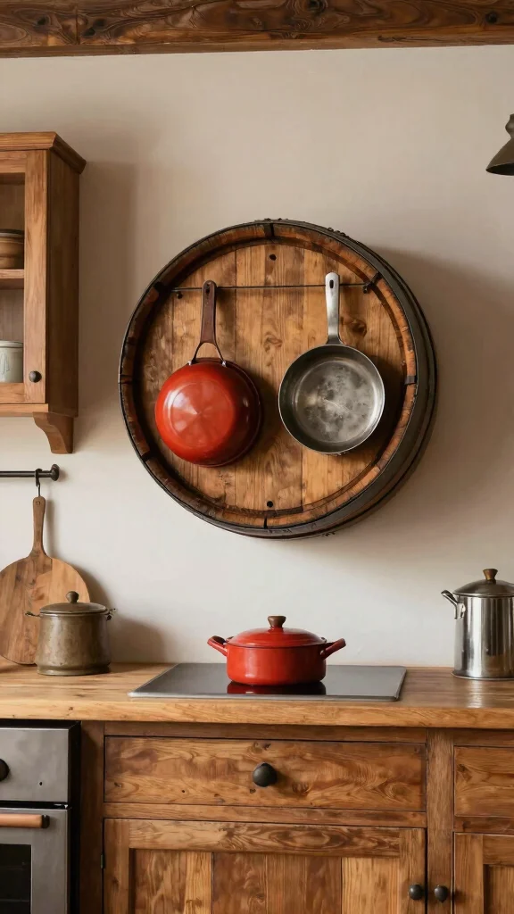 12 Hanging Pot Rack Ideas for a Functional Rustic Kitchen Display - 8. Rustic Barrel Rack 1