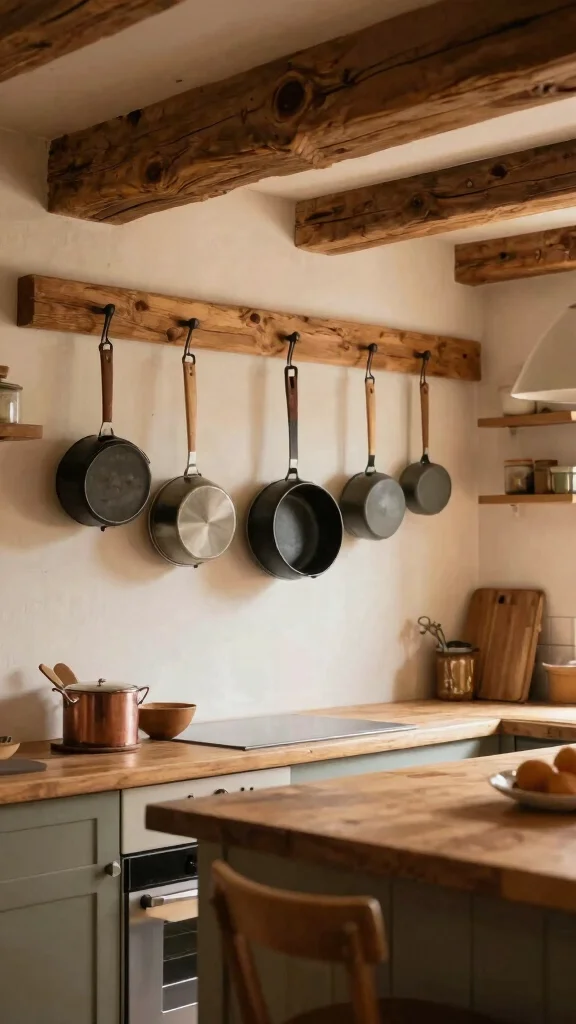 12 Hanging Pot Rack Ideas for a Functional Rustic Kitchen Display - 9. Farmhouse-Style Wooden Beams 1