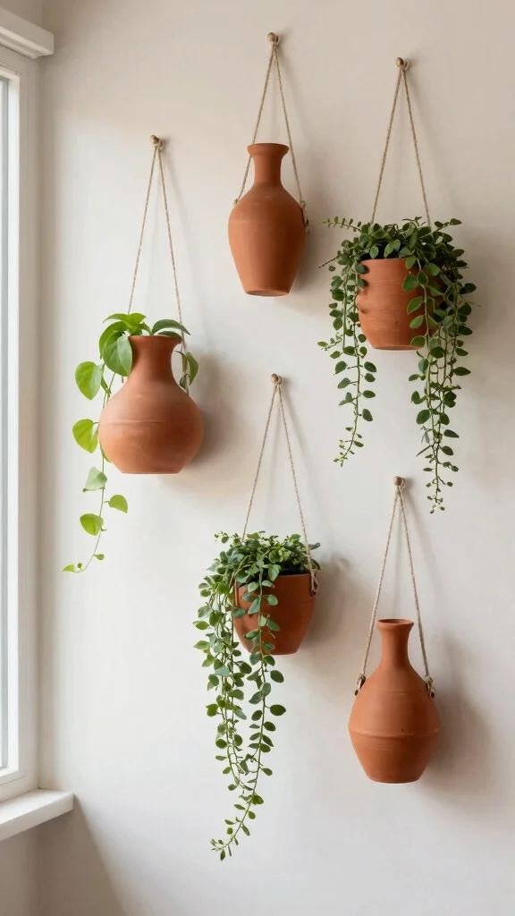12 Japandi Vase Ideas for a Calm Minimal Natural Home Accent - 8. Terracotta Hanging Vases 1