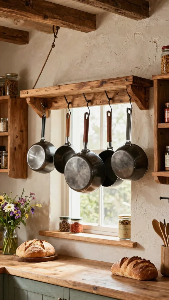 12 Kitchen Hanging Pot Ideas for a Rustic Functional Overhead Display - 1. Classic Wooden Pot Rack 1