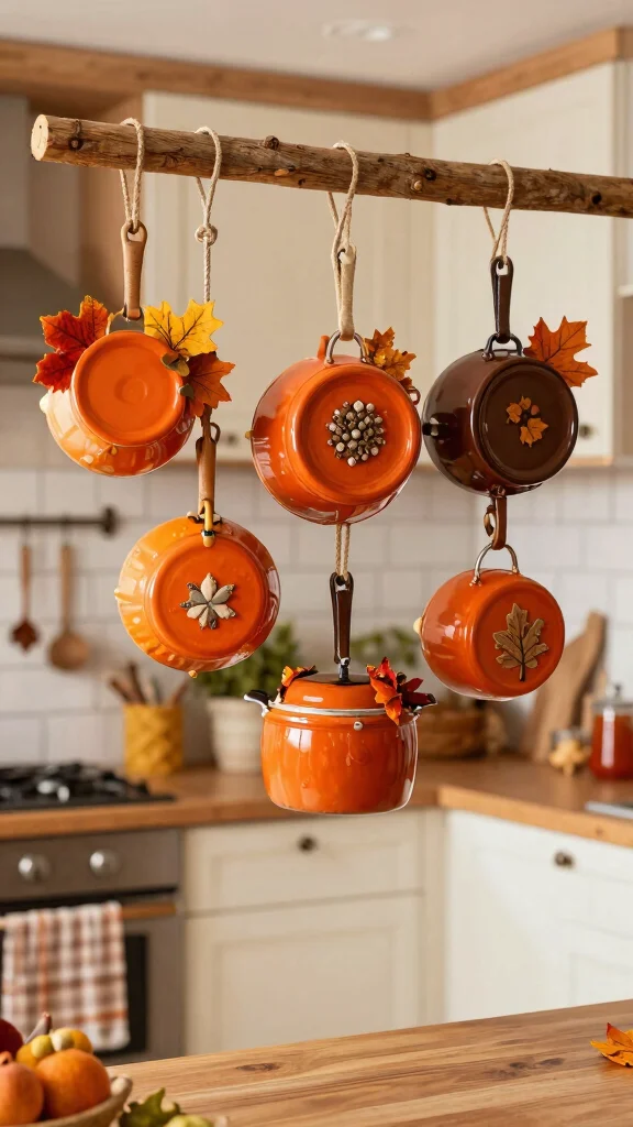 12 Kitchen Hanging Pot Ideas for a Rustic Functional Overhead Display - 12. Seasonal Pot Decor 1
